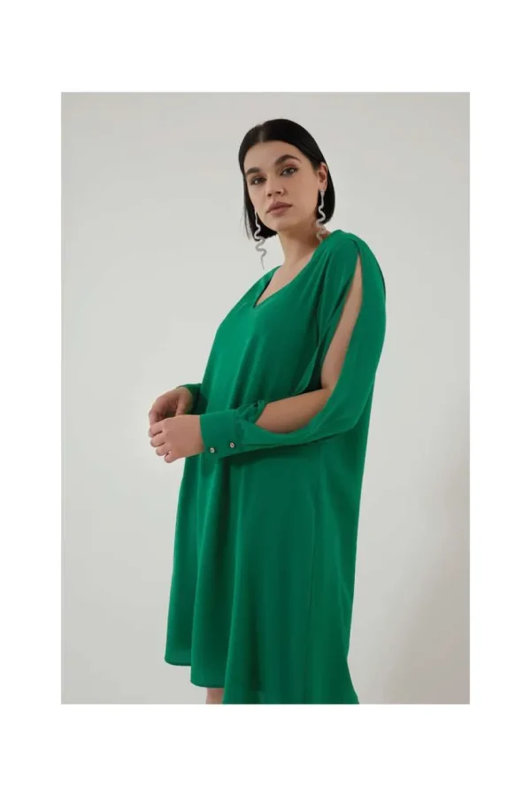 Jiveley Abito scollo a v con manica aperta verde cactus taglie comode Outlet