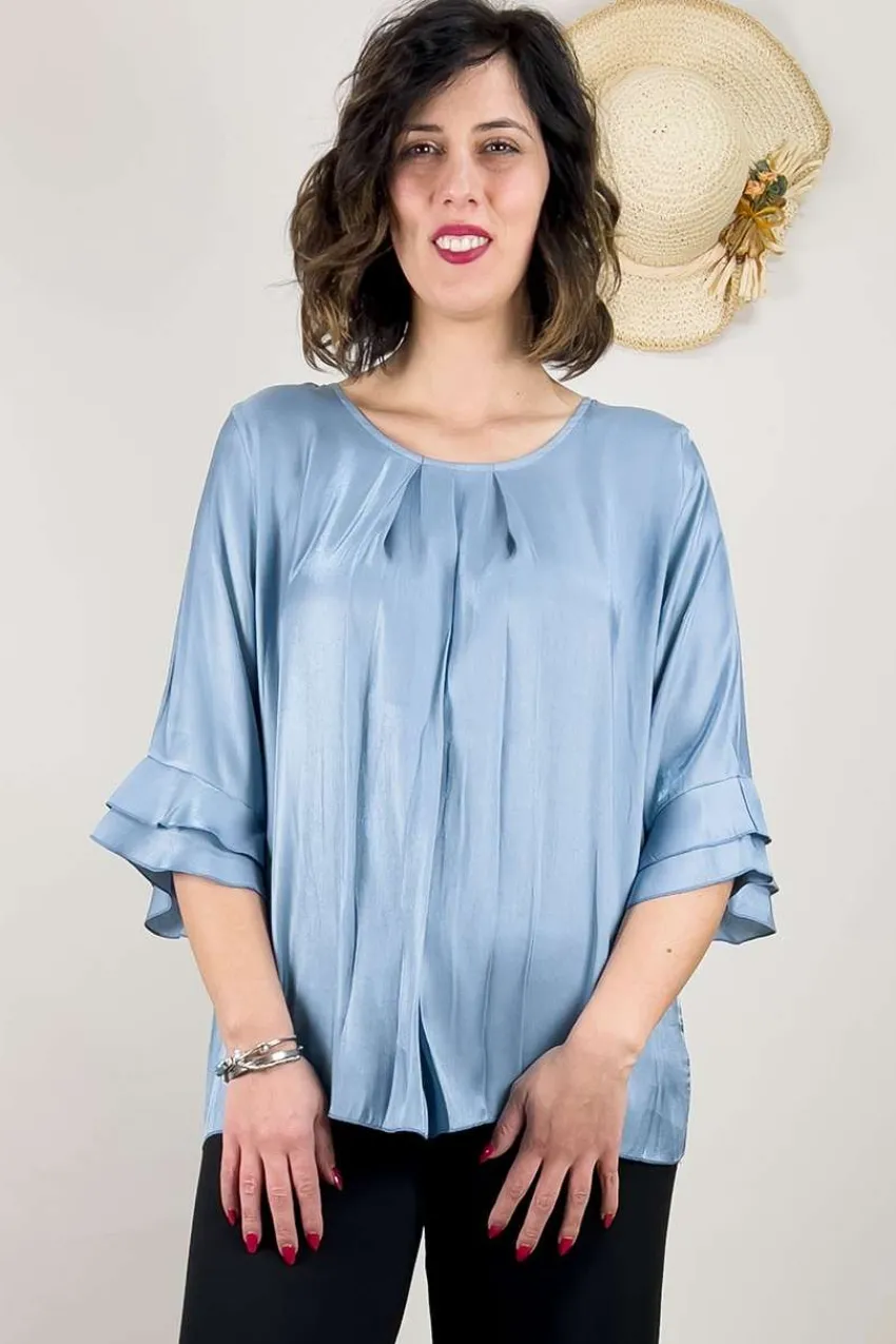 blusa_laminata_con_manica_0.webp Talissa Mode Blusa laminata con manica ruches taglie comode Clearance