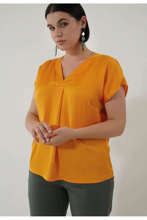 Jiveley Blusa scollo a v in raso taglie comode Outlet