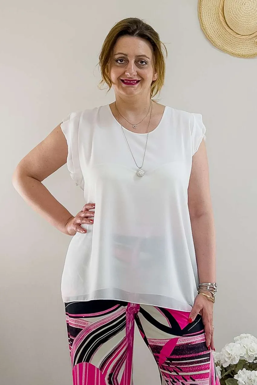 bluse_con_collana_smanica_0.webp Donna Curvy Bluse con collana smanicata con rouches taglie comode Online
