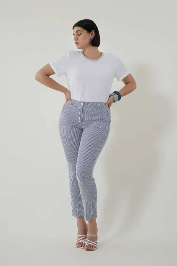Jiveley Pantalone slim fit a righe tasca america taglie comode Outlet